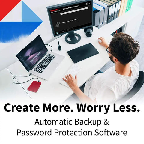 Man using Dope 2TB Portable External Hard Drive With USB 3.0 Red Finish on a desk, displaying automatic backup software.