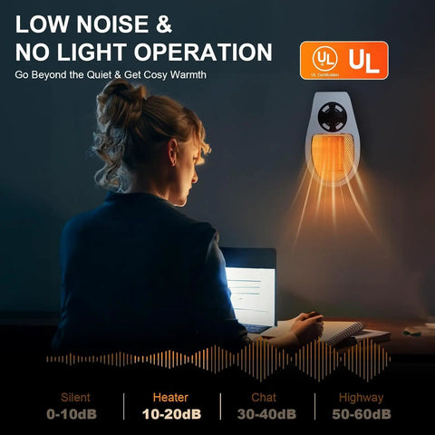 Smart Plug In Wall Space Heater 450W Portable Electric Heater with programmable thermostat emitting soft glow and low noise operation