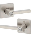 Halifax Entry Door Handle With Lock And Key, Reversible Exterior Lever, Satin Nickel Finish, SmartKey Rekey Security, shown front and back view
