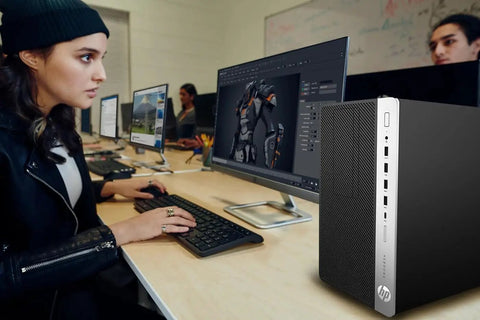 ProDesk 600G4 Tower Desktop Computer With Intel Core i7-8700 3.4 GHz, 16GB DDR4 RAM, 1TB SSD, shown in a creative workspace