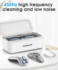 Ultrasonic Jewelry Cleaner 45Khz 450ML Professional Silver Jewelry Cleaner Machine for Rings Retainers Watches Glasses Earrings and More Fast Bright Shine with Just Tap Water No Extra Solutions Needed showing open lid and jewelry items next to it.