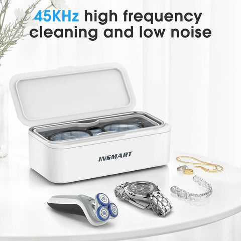 Ultrasonic Jewelry Cleaner 45Khz 450ML Professional Silver Jewelry Cleaner Machine for Rings Retainers Watches Glasses Earrings and More Fast Bright Shine with Just Tap Water No Extra Solutions Needed showing open lid and jewelry items next to it.