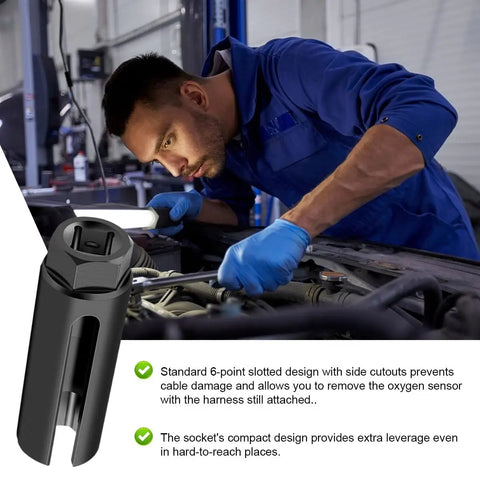 Mechanic using Pro Grade Oxygen Sensor Socket With Side Wire Cutout, One Half Inch Drive By Seven Eighths Inch, Six Point O2 Sensor Socket For All Vehicles, Offset Design For Easy Removal And Installation, 18mm Compatible Car Tool on vehicle engine