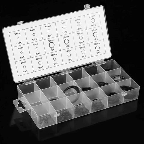 Heavy Duty 150 Pcs Black C Clip Retaining Ring Set 3mm to 32mm Internal and External in a labeled storage box