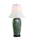 Green Glaze Floral Embossed Ceramic Table Lamp With Dark Wood Base, Traditional 33.5 Inch Height, Oval Bell Off White Linen Shade