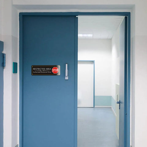 Heavy Duty Acrylic Restricted Area Sign For Authorized Personnel Only Doors Hella Weatherproof Warning Plaque on blue door