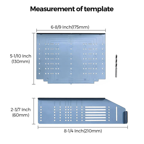 Cabinet Handle Template Tool For Drawer Knobs And Pulls, Adjustable Drill Mounting Guide With Center Marks showing measurements.