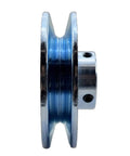 Side view of 4 Inch Outside Diameter Single Groove V Belt Pulley For A B 5L 4L Belts Seven Eighths Inch Bore Carbon Steel Zinc Plated Motor Pulley Durable 1020 Steel Construction