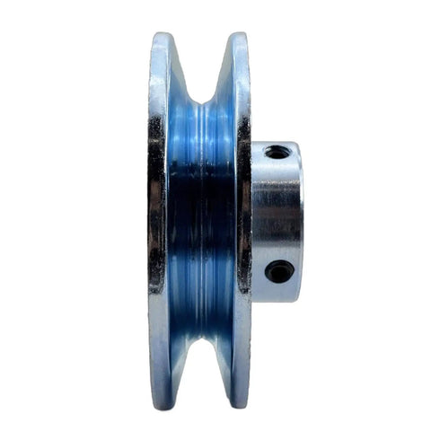 Side view of 4 Inch Outside Diameter Single Groove V Belt Pulley For A B 5L 4L Belts Seven Eighths Inch Bore Carbon Steel Zinc Plated Motor Pulley Durable 1020 Steel Construction