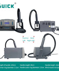 Pro Grade Hot Air Desoldering Station With Digital Display showing three angles and dimensions of handle and nozzle.