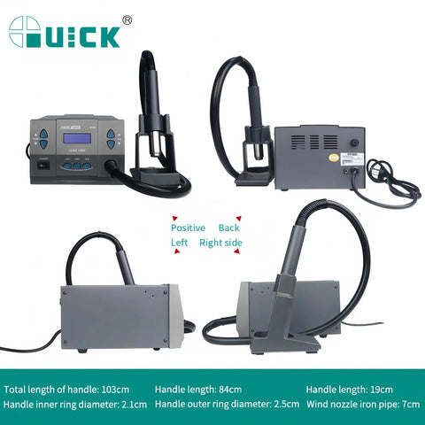 Pro Grade Hot Air Desoldering Station With Digital Display showing three angles and dimensions of handle and nozzle.