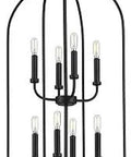 8 Light Matte Black Leyden Farmhouse Pendant Light For Hall And Foyer, Open Frame Design with 8 candlestick bulb holders, 33x18 inches