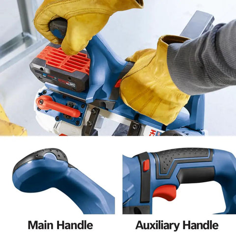 Close-up of 18V Compact Band Saw Bare Tool With A Lightweight 7.3 Pound Build For Tight Spaces And Overhead Cuts, showing handles
