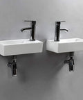Compact wall hung powder room basin for small bathrooms, rectangular ceramic wash basin with right hand drain, 1280C ceramic, pair view
