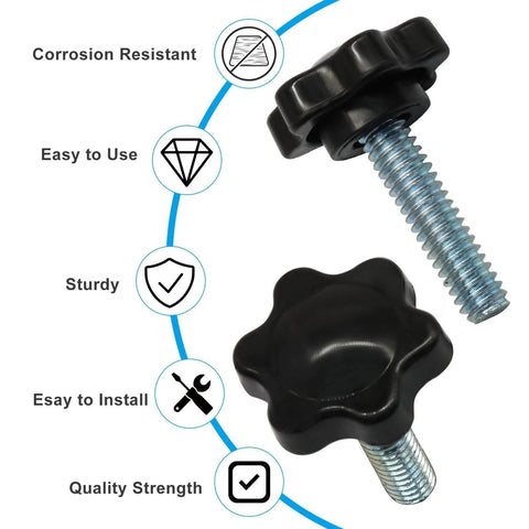Front view of 20 Piece Set 1/4-20 Inch Thread Knob Screws with plastic star shaped nuts, showcasing corrosion resistance and sturdiness.