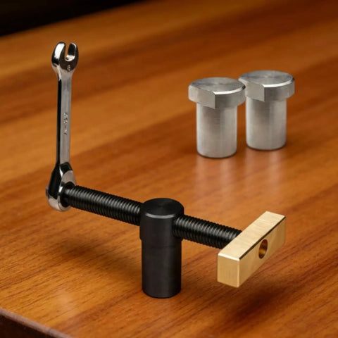 Desktop Vise Clamp For Workbench Boss Bench Dog Ratchet Clamp CNC Machined Precision Tool 19mm Fit Stainless Steel With Brass Bits Built For Makers DIY Hobbyists And Carpenters on wooden bench