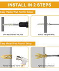 Installation guide for Self Drilling Drywall Anchors Kit 140 Piece Assortment With 30 Heavy Duty Plastic Expansion Anchors And 40 Drywall Grip Anchors And Screws For Hanging Wall Decor Picture Frames And Shelves Suitable For Gypsum Board Walls showing plastic and metal anchor setup steps