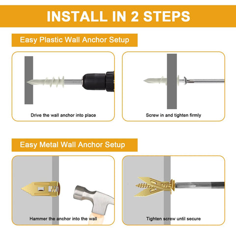 Installation guide for Self Drilling Drywall Anchors Kit 140 Piece Assortment With 30 Heavy Duty Plastic Expansion Anchors And 40 Drywall Grip Anchors And Screws For Hanging Wall Decor Picture Frames And Shelves Suitable For Gypsum Board Walls showing plastic and metal anchor setup steps