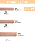 Beefy Beechwood Dowel Pins For Woodworking 200 Pcs Fluted Dowels Quarter Inch By One And A Quarter Inch Hardwood Craft Pegs For Furniture DIY Projects Imperial Size, shown in various sizes.