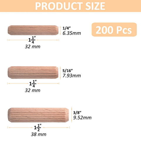 Beefy Beechwood Dowel Pins For Woodworking 200 Pcs Fluted Dowels Quarter Inch By One And A Quarter Inch Hardwood Craft Pegs For Furniture DIY Projects Imperial Size, shown in various sizes.
