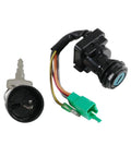 Upgrade Rig Safety With Sick Ignition Switch Set Plus Seat Latch Fuel Cap For ATVs Four Wheelers To Stop Theft Ensure Smooth Starts Keeping Machine Locked Down Enjoy Zero Stress On Adventures Without Risk Of Stolen Parts. ATV ignition lock set with key, wiring, and green connector