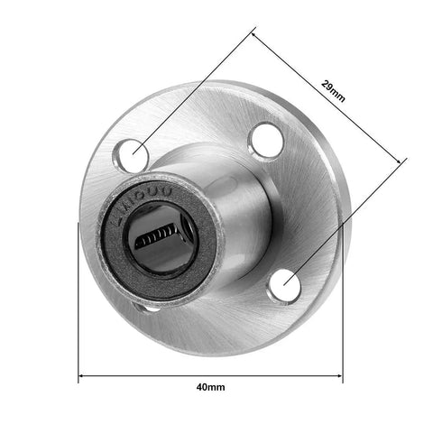 Top Tier 10 mm Bore Round Flange Linear Ball Bearings Sealed Chrome Steel Bushings close-up view with dimensions 29mm deep and 40mm OD.