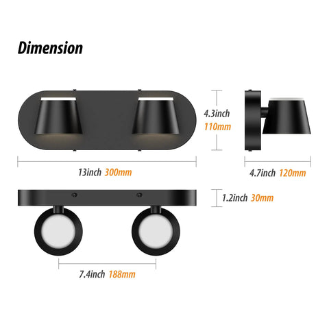Dimensions of Five Light LED Bathroom Vanity Light in Matte Black with rotatable and dimmable wall fixtures, 34-inch lighting.