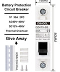 Two Pack AC DC Miniature Circuit Breakers 30 Amp Single Pole With Beefed Up Thermal Magnetic Trip For 12 To 48V DC And 90 To 480V AC Solar Disconnect Switch DIN Rail Mount RV Battery Isolator PV Array MCB, front view showing specifications and included components including DIN rail and screws.