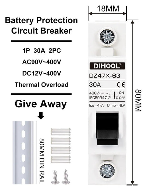 Two Pack AC DC Miniature Circuit Breakers 30 Amp Single Pole With Beefed Up Thermal Magnetic Trip For 12 To 48V DC And 90 To 480V AC Solar Disconnect Switch DIN Rail Mount RV Battery Isolator PV Array MCB, front view showing specifications and included components including DIN rail and screws.