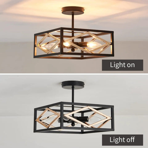 4 Light Semi Flush Mount Black And Gold Ceiling Light Vintage Metal Farmhouse Cage Chandelier Fixture For Kitchen Dining Room Living Room Bedroom And Entryway Modern Retro Style Lighting