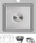 Undermount Bar Sink 10 Inch By 18 Inch Stainless Steel 16 Gauge Single Bowl with drain assembly and accessories.