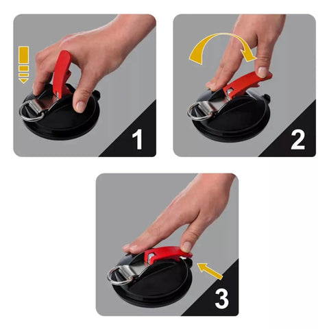 Beefy Heavy Duty Vacuum Suction Cup Anchor for glass lifting showing hand securing red handle in step-by-step sequence