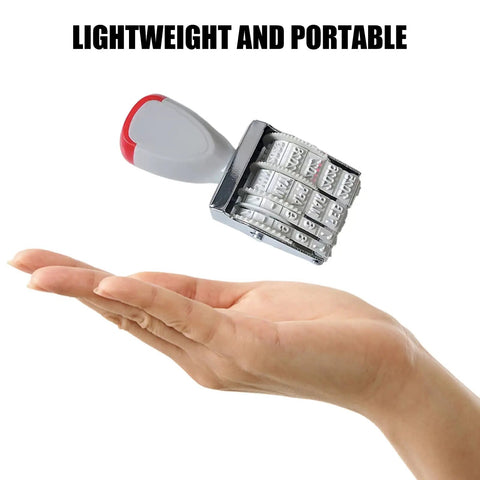 Totally Versatile Rubber Date Stamp With Rotating Mechanism For Scrapbooking And Office Tasks held in hand, compact and ergonomic design.