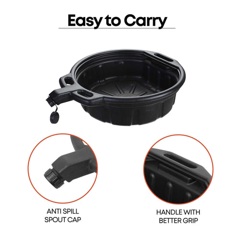 2 Gallon Oil Drain Pan With Anti Spill Cap And Wide Lip For Mess Free Oil Changes HDPE construction, anti-spill cap, easy grip handle.