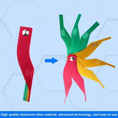 Smooth Operator 8 Piece Brake Pad Thickness Gauge Set with color-coded SAE and metric blades, showing red, green, and yellow gauges.