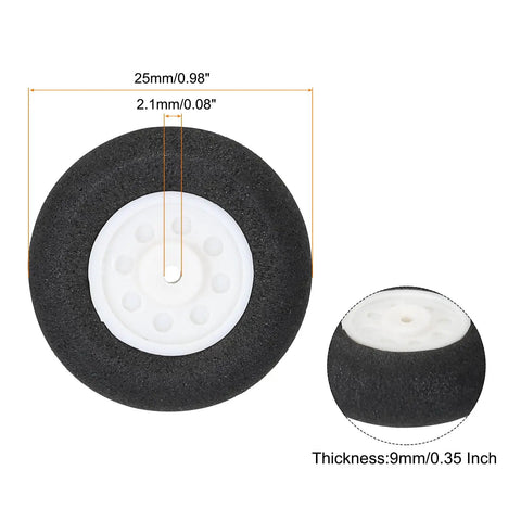 RC Airplane Wheels 25mm Foam Replacement Pack Of 8 For DIY Model Planes And Helicopters Ideal For Indoor And Park Flyers Durable Sponge Wheel Set With 2.1mm Axle Hole For RC Aircraft And Hobby Projects, showing wheel dimensions and thickness