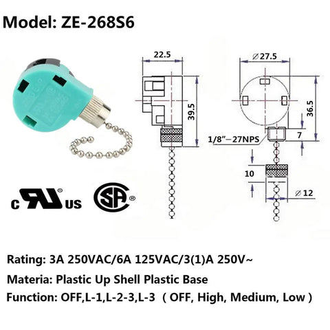 3 Speed 4 Wire Pull Chain Ceiling Fan Switch Replacement For Ceiling Fans, Wall Lamps, And Cabinet Lights Model 268S6 diagram