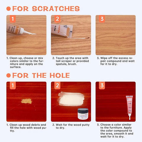 Instructions for using All In One DIY Ready Wood Repair Kit With 18 Color Resin Fillers for scratches and holes on wood surfaces.