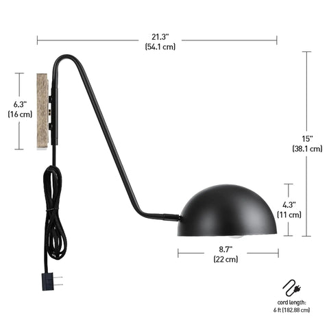 Addison 1 Light Plug In Wall Sconce In Matte Black With Antique Brass Accents Mid Century Modern Style side view dimensions
