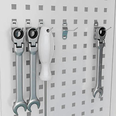 Heavy Gauge Steel Tool Cabinet Featuring Lockable Rollout Drawers Adjustable Interior Shelves Built Like A Tank Pivoting Caster Wheels displaying organized tools on a pegboard.