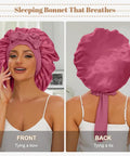 Woman wearing Silk Sleep Bonnet For Women With Adjustable Straps And Tie Band, large dark pink hair wrap shown front and back