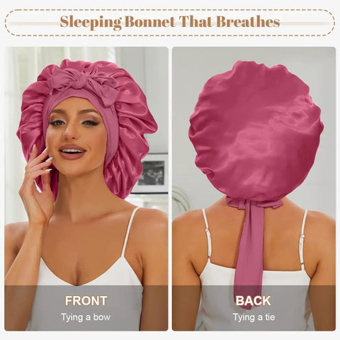 Woman wearing Silk Sleep Bonnet For Women With Adjustable Straps And Tie Band, large dark pink hair wrap shown front and back