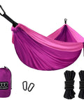 Double Camping Hammock With Ropes For Two People, Ultra Lightweight Portable Gear, 500 Lb Capacity, 210T Nylon Parachute Fabric, Easy Setup, Cozy For Couples Or Friends Hangouts, Fuchsia Pink hammock with accessories