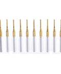 End Mill Router Bit Set Ten Pack 1.5mm Tungsten Coated Carbide CNC Engraving Bits arranged in clear plastic case