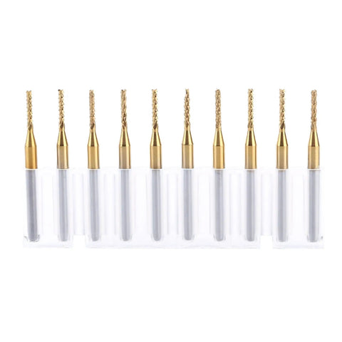 End Mill Router Bit Set Ten Pack 1.5mm Tungsten Coated Carbide CNC Engraving Bits arranged in clear plastic case