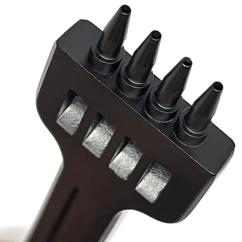 Pro Grade Three Piece Leather Stitching Chisel Set With Four Millimeter Diamond Prongs showing four-prong tool close-up