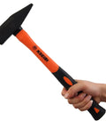 Heavy Duty Cross Peen And Round Face Club Hammer With Soft Grip Handle held in hand, showing black and orange design