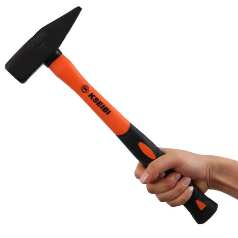 Heavy Duty Cross Peen And Round Face Club Hammer With Soft Grip Handle held in hand, showing black and orange design
