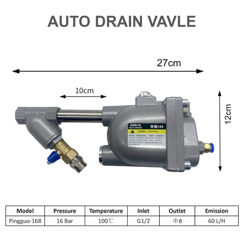 Automatic Drain Valve For Air Compressor G1/2 Inch 1.6 MPa Drainer shown with specifications and measurements