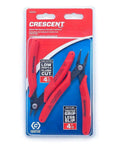 Red Compact Electronics Cutter Set With Miniature Flush Cutters And Needle Nose Pliers Serrated Jaws For Firm Grips Cuts Soft Wire Up To 20 AWG 0.8mm Shock Absorbing Grips All Purpose Hobbyist And General Electronics Tool Black in plastic packaging.